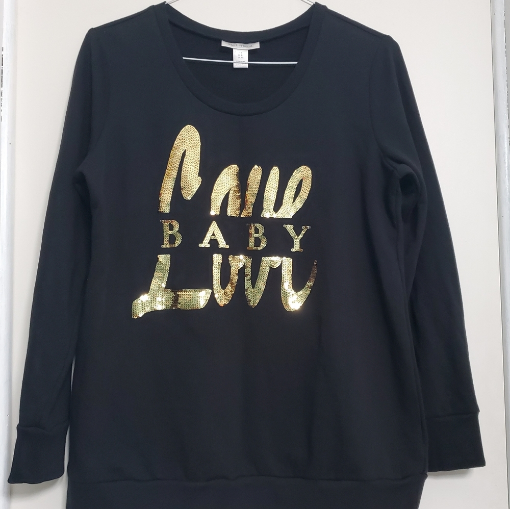 Motherhood Maternity Embroidery Gold Sequins “Love Baby ” Black Sweatshirt L